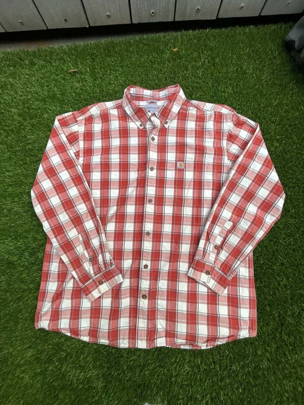 Carhartt Relaxed Fit Red and White Plaid Long Sleeve Button Down Shirt